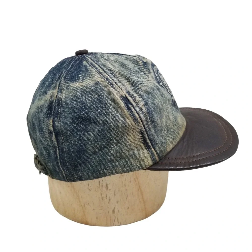 Adventure Bound Acid Wash Denim Cap Leather Bib Baseball Distressed Streetwear